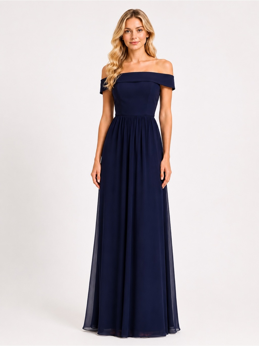 Adrianna Papell Off Shoulder Crepe Chiffon Formal Gown Dark Blue 2 NWT - Picture 2 of 16